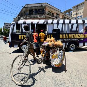 You see a Tanzanian bus, called Daladala, standing on a street. The Daladala is covered with a zebra pattern and a picture of a performer wearing VR glasses. You can read “Ultimate Safari_360°”. In front of the bus is a bicycle loaded with coconuts.