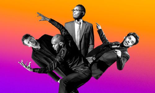 Eine farbenfrohe Collage zeigt vier Männer in Anzügen vor einem Verlaufshintergrund in Orange, Pink und Violett. Die Figuren sind in Schwarz-Weiß gehalten und in dynamischen, theatralischen Posen arrangiert – einige mit ausdrucksstarken Armbewegungen, einer steht ruhig und blickt nach oben. Die Komposition wirkt lebhaft und künstlerisch.